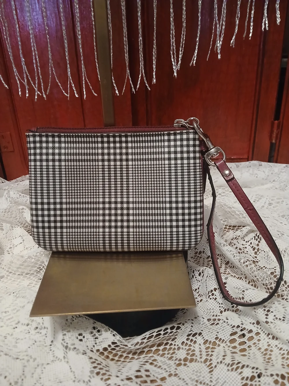 Coach Peyton Glen Plaid Wristlet with Cranberry Accent